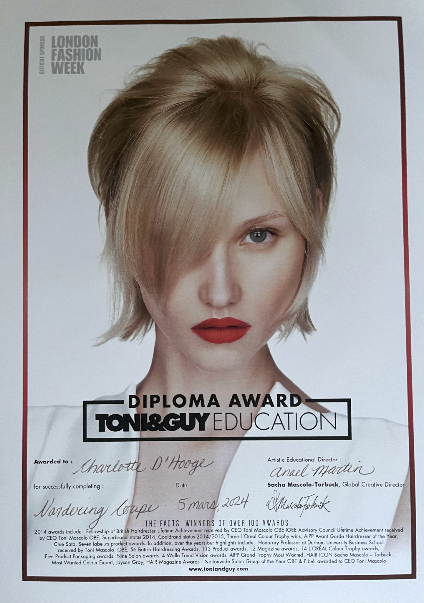 Diplôme TONI&GUY